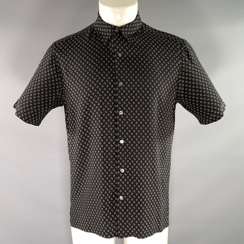 THEORY Size M Black Beige Geometric Silk spandex Button Up Short Sleeve Shirt